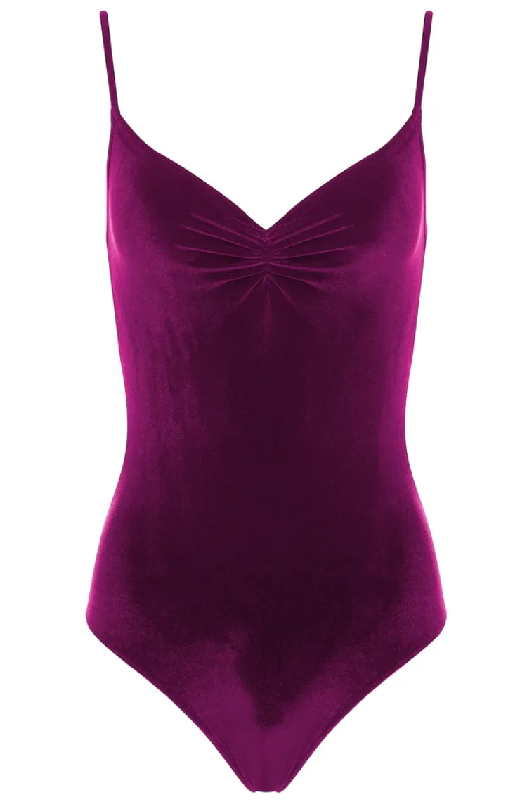 Bullet Pointe | Pinch-Front Velvet Leotard | Raspberry