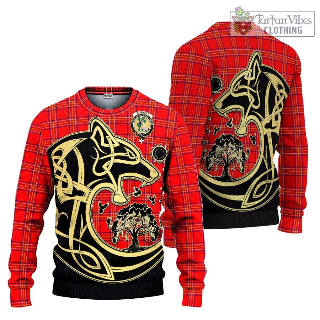 Burnett Modern Tartan Ugly Sweater with Family Crest Celtic Wolf Style