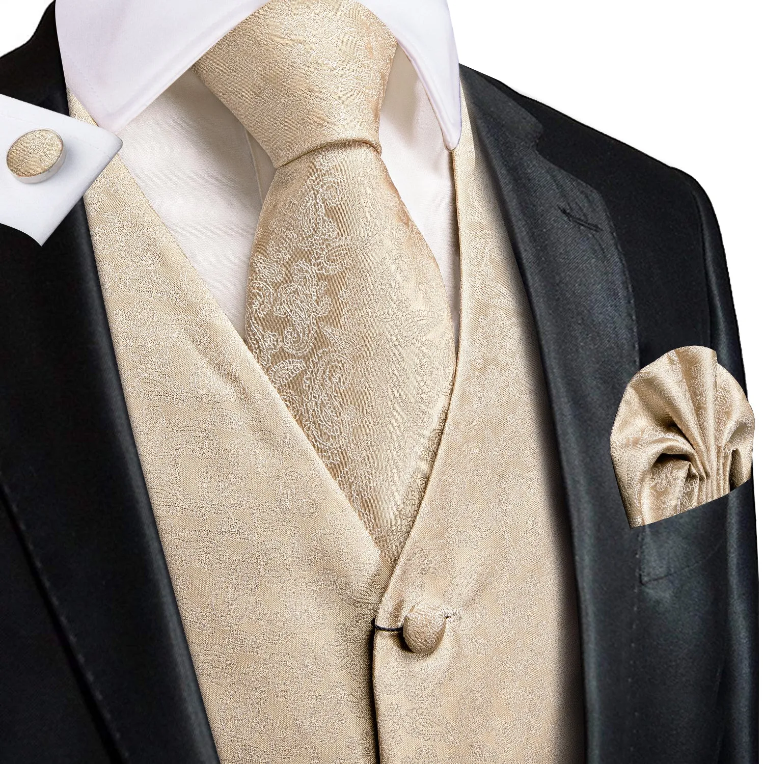 Champagne Paisley Silk Men's Vest Hanky Cufflinks Tie Set Waistcoat Suit Set