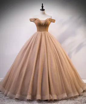 Champagne Sweetheart Off Shoulder Tulle Sequin Long Prom Dresses