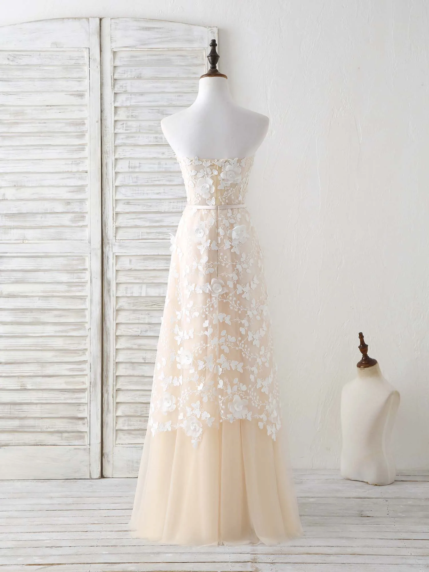 Champagne Tulle Lace Applique Long Prom Dress Champagne Evening Dress