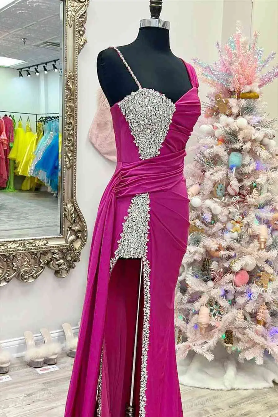 Chic Asymmetrical Fuchsia Beaded Long Prom Dress,Green Dinner Dresses