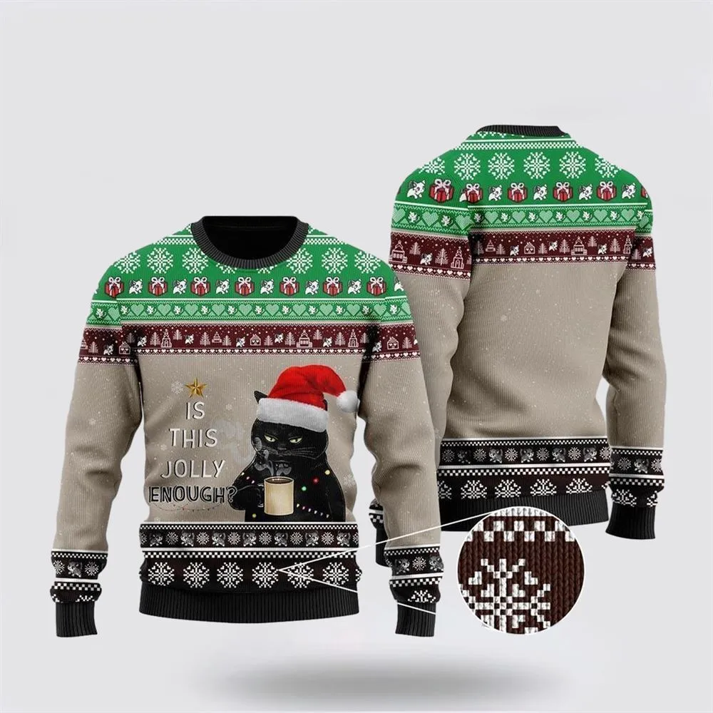 Christmas Black Cat With Coffee Is This Jolly Enough Ugly Christmas Sweater For Men And Women, Best Gift For Christmas, Christmas Fashion Winter