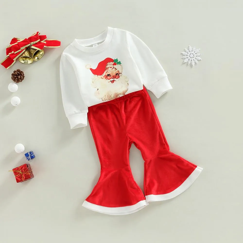 Christmas Toddler Girls Print Top   Velvet Flared Pants Set Wholesale Girls Clothes