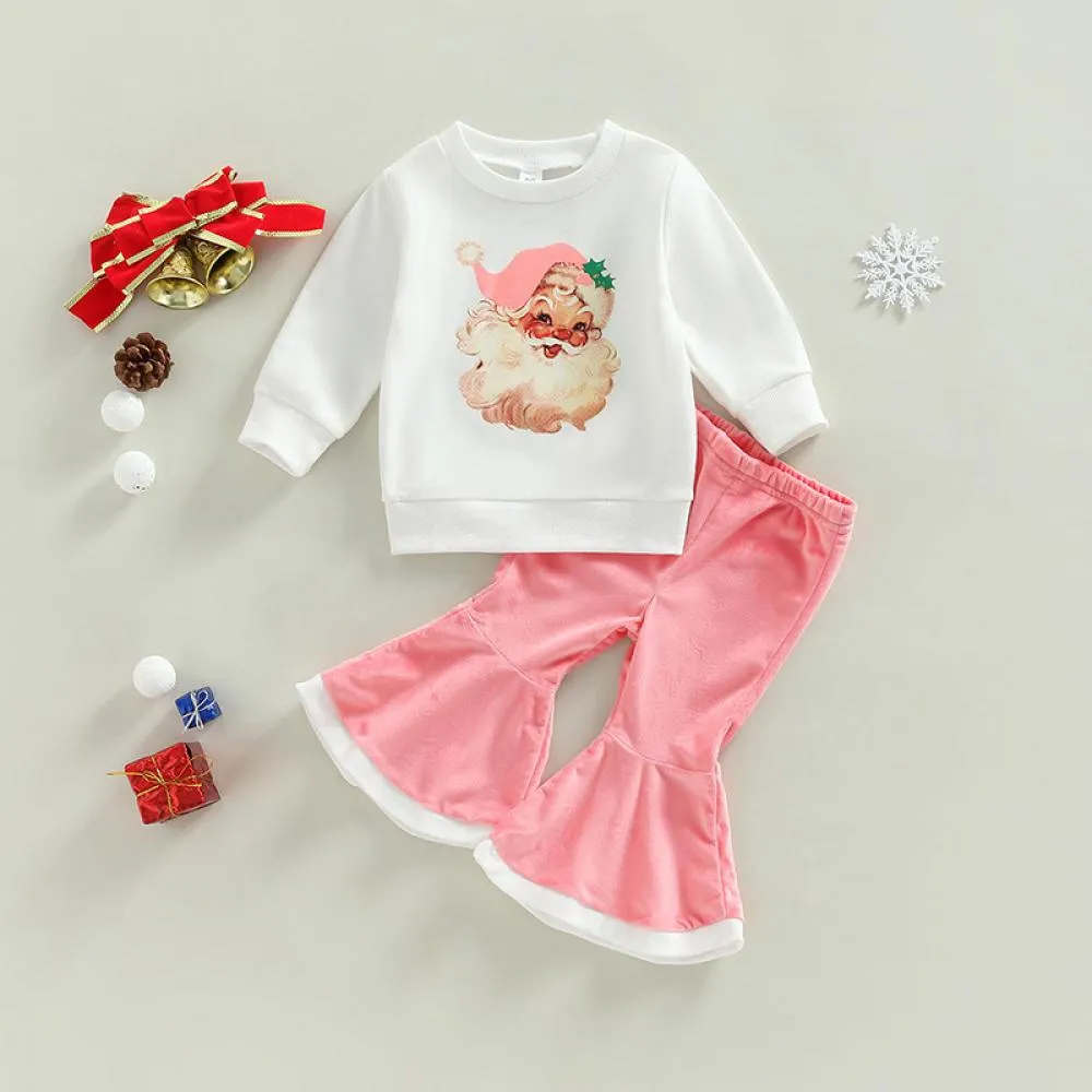 Christmas Toddler Girls Print Top   Velvet Flared Pants Set Wholesale Girls Clothes