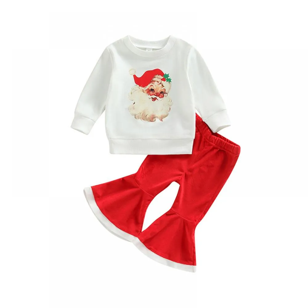 Christmas Toddler Girls Print Top   Velvet Flared Pants Set Wholesale Girls Clothes