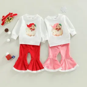 Christmas Toddler Girls Print Top   Velvet Flared Pants Set Wholesale Girls Clothes