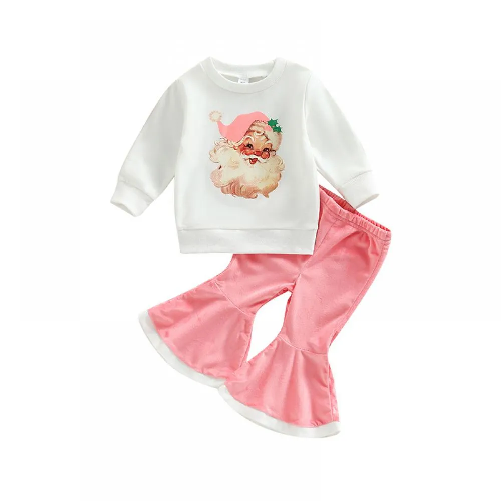 Christmas Toddler Girls Print Top   Velvet Flared Pants Set Wholesale Girls Clothes