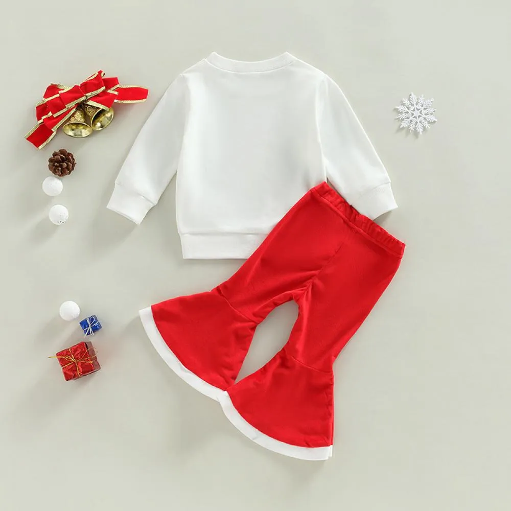 Christmas Toddler Girls Print Top   Velvet Flared Pants Set Wholesale Girls Clothes