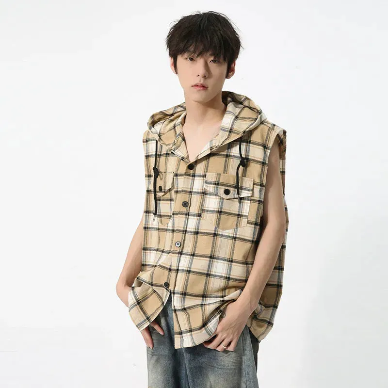 Contrast Color Plaid Hooded Vest