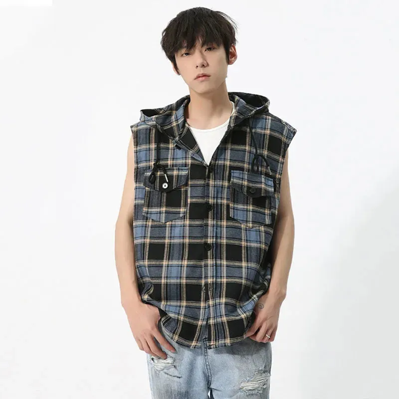 Contrast Color Plaid Hooded Vest