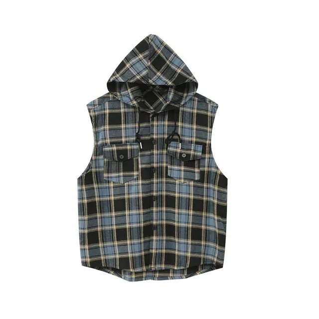 Contrast Color Plaid Hooded Vest