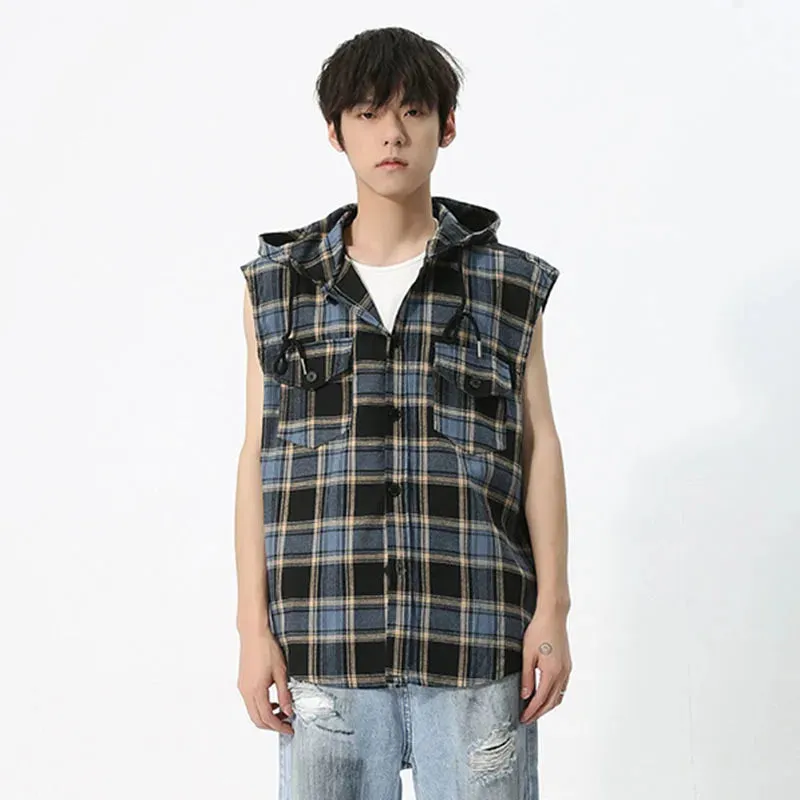 Contrast Color Plaid Hooded Vest