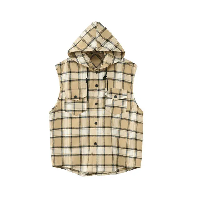 Contrast Color Plaid Hooded Vest