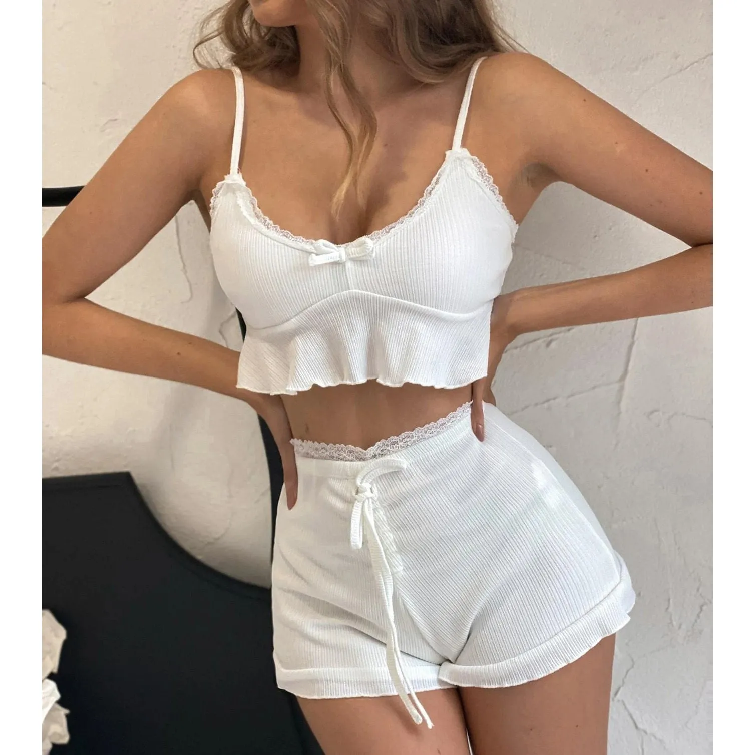 Contrast Lace Bow Front Cami Top and Shorts