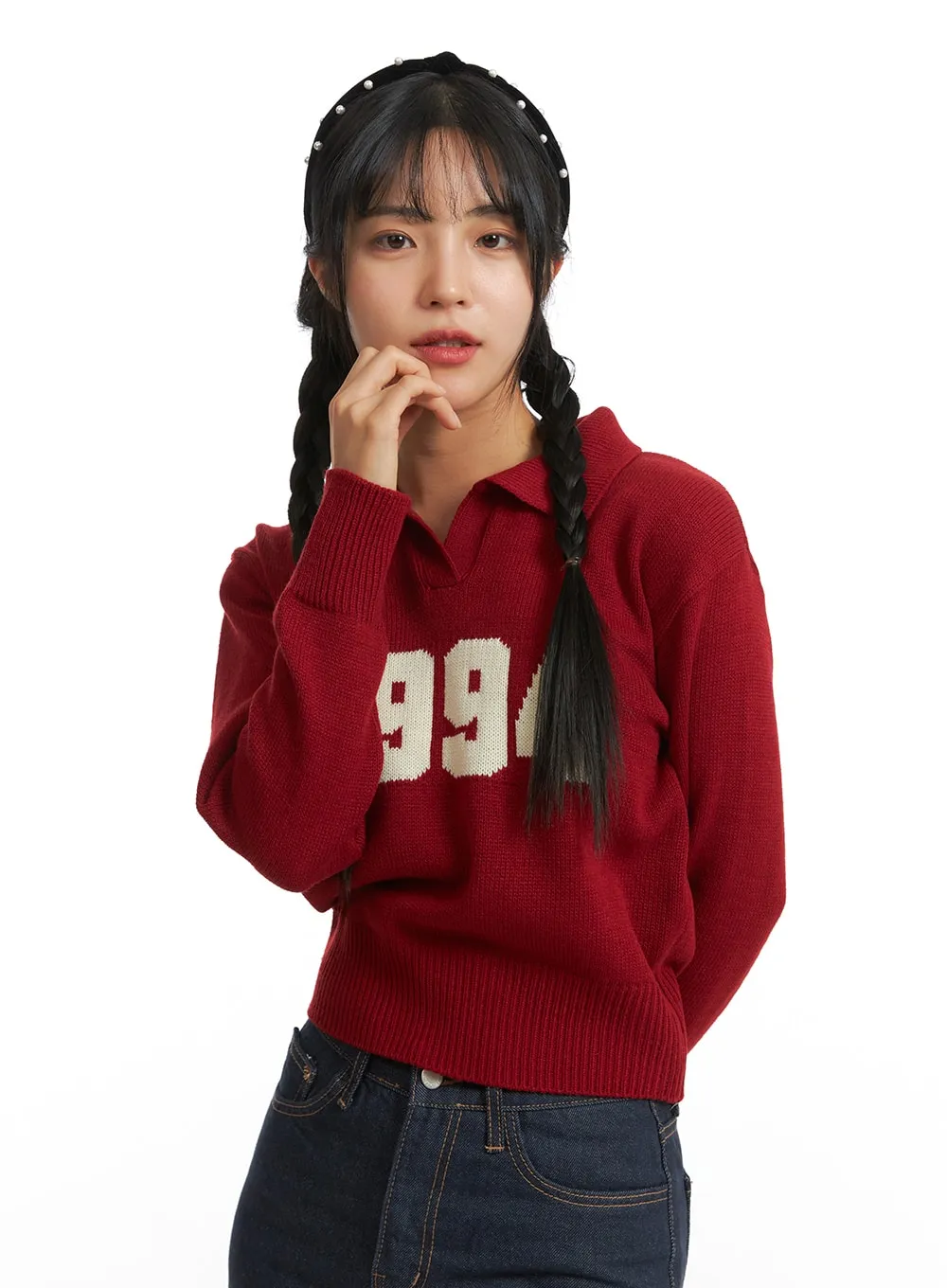 Crop Collar Lettering Sweater OJ404