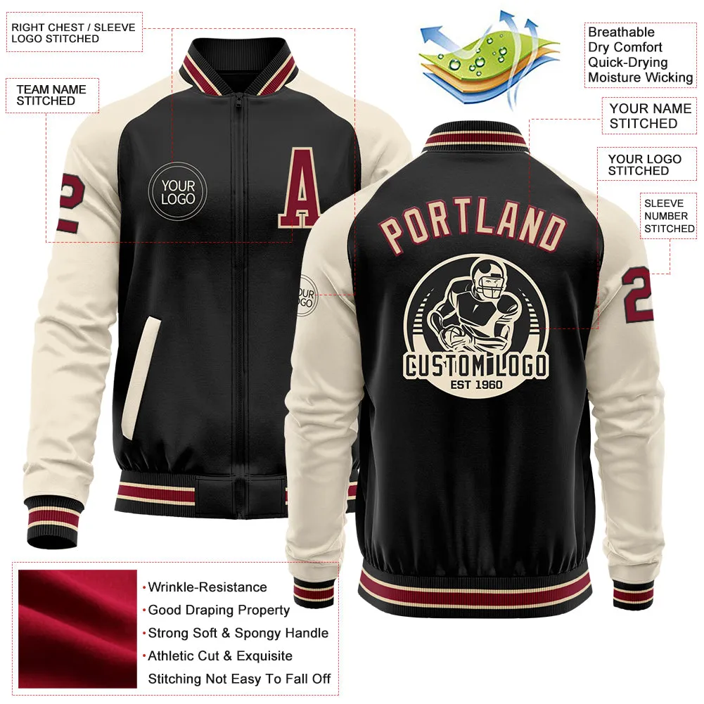 Custom Black Crimson Cream-City Cream Bomber Varsity Letterman Two Tone Zipper Jacket