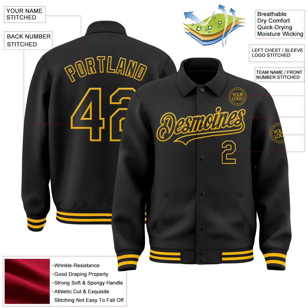 Custom Black Gold Bomber Full-Snap Varsity Letterman Lapel Collar Byron Jacket