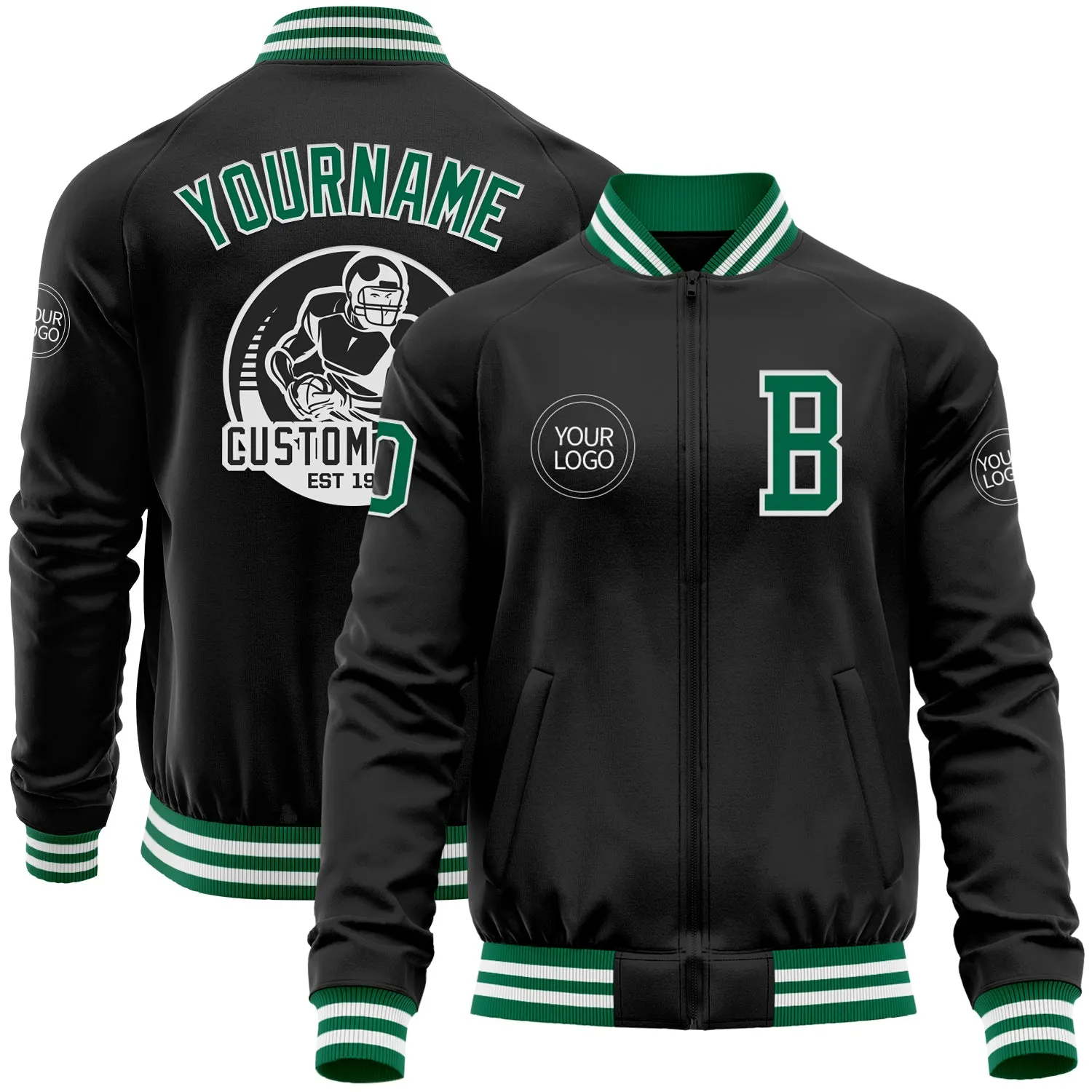 Custom Black Kelly Green-White Bomber Varsity Letterman Zipper Jacket