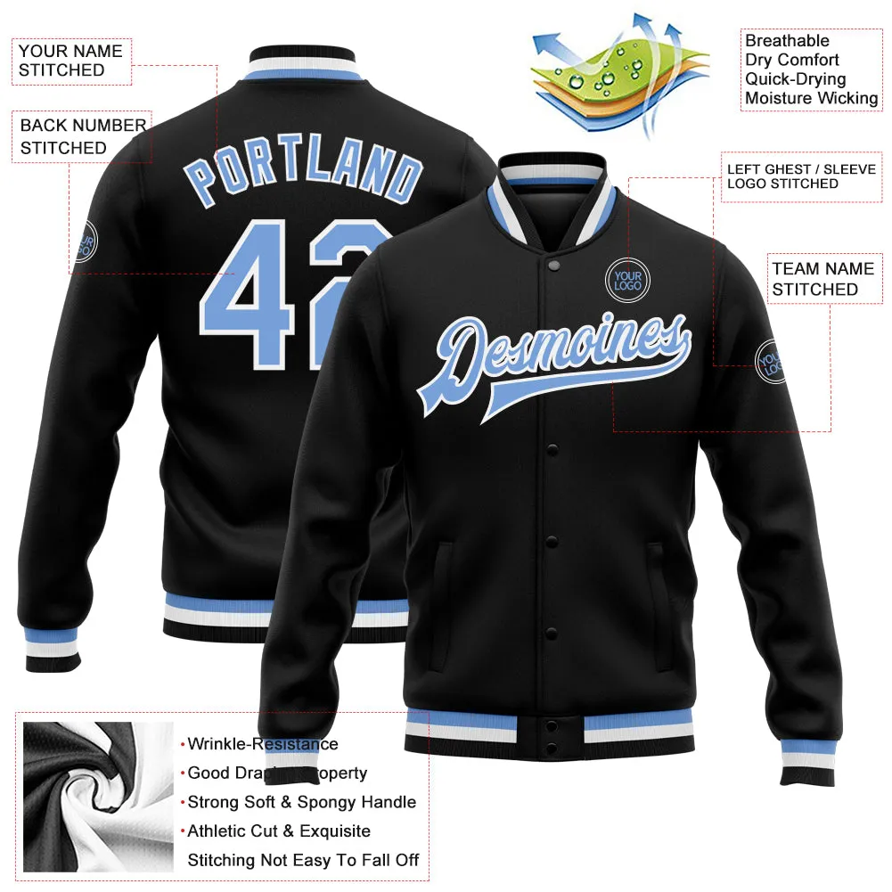 Custom Black Light Blue-White Bomber Full-Snap Varsity Letterman Jacket