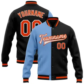 Custom Black Orange-Light Blue Bomber Full-Snap Varsity Letterman Split Fashion Jacket