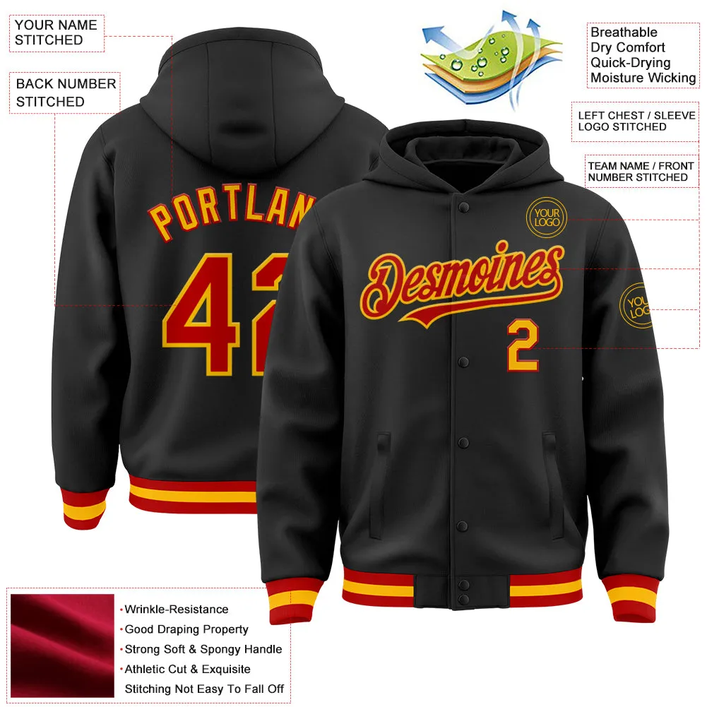 Custom Black Red-Gold Bomber Full-Snap Varsity Letterman Hoodie Jacket