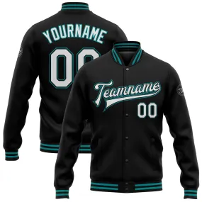 Custom Black White-Teal Bomber Full-Snap Varsity Letterman Jacket