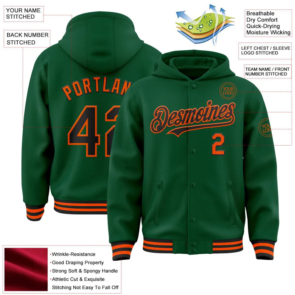 Custom Kelly Green Black-Orange Bomber Full-Snap Varsity Letterman Hoodie Jacket