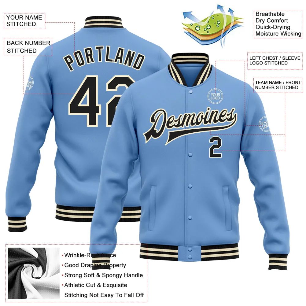 Custom Light Blue Black-Cream Bomber Full-Snap Varsity Letterman Jacket