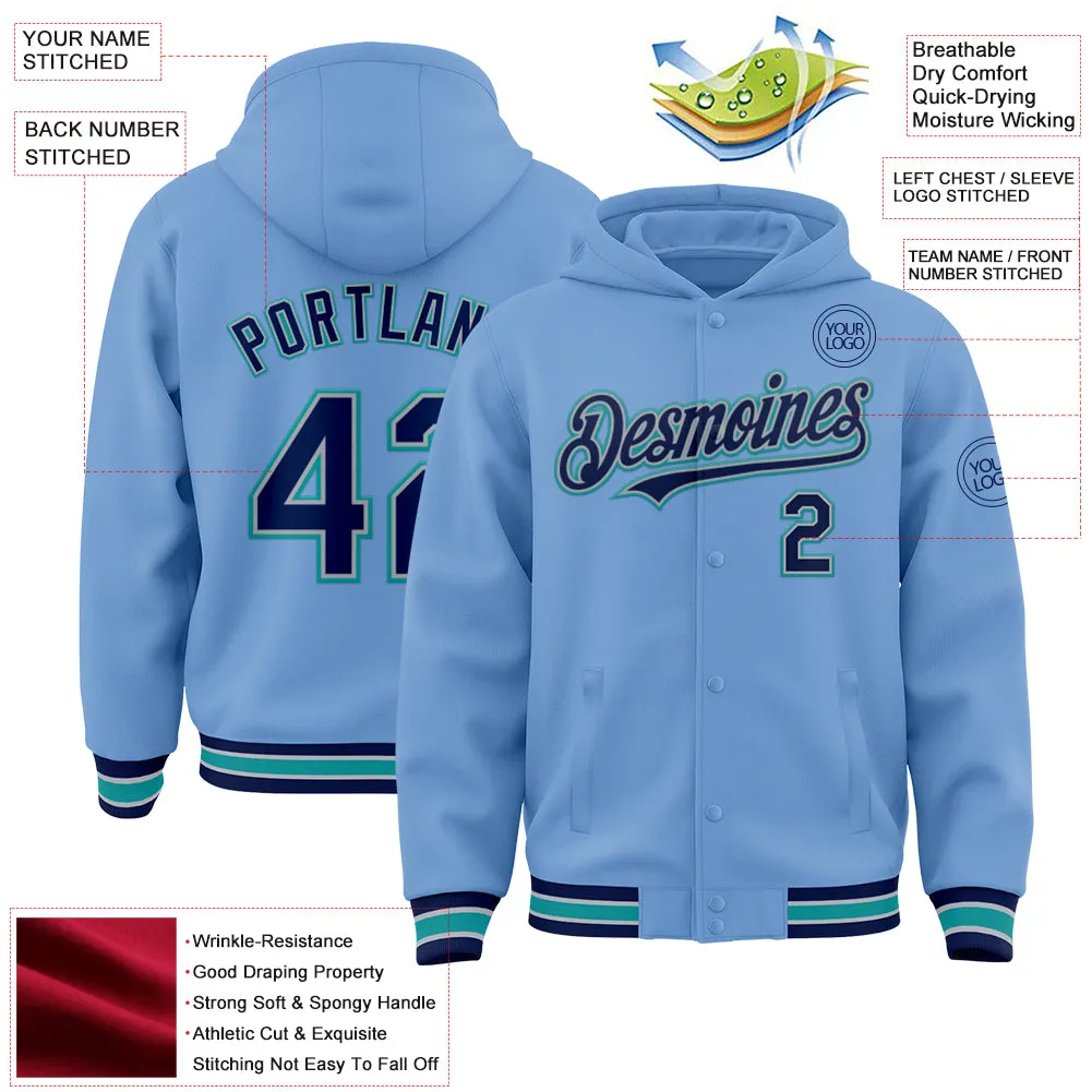 Custom Light Blue Navy Gray-Teal Bomber Full-Snap Varsity Letterman Hoodie Jacket