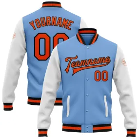 Custom Light Blue Orange-Black Bomber Full-Snap Varsity Letterman Two Tone Jacket