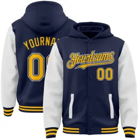 Custom Navy Gold-White Bomber Full-Snap Varsity Letterman Two Tone Hoodie Jacket