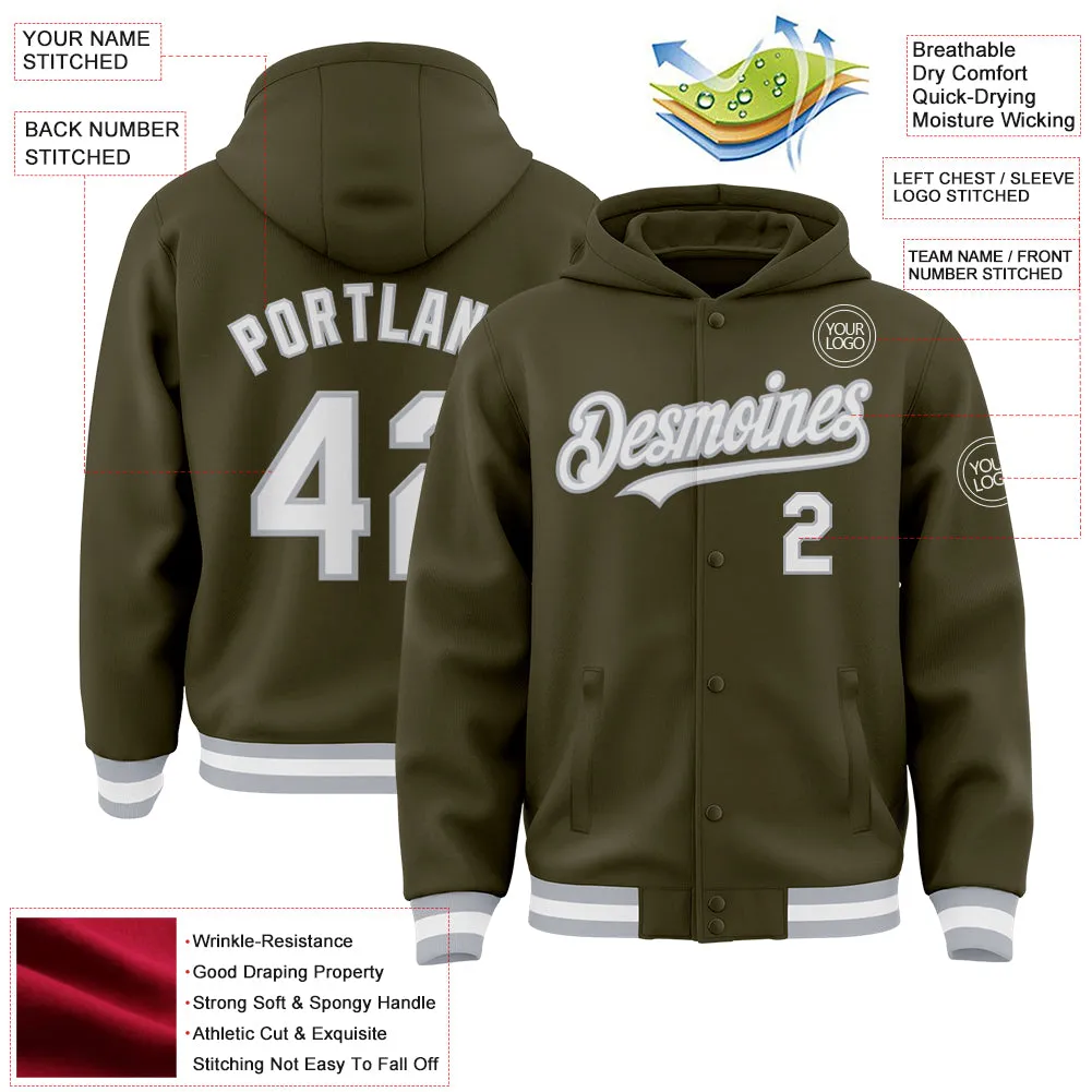 Custom Olive White-Gray Bomber Full-Snap Varsity Letterman Salute To Service Hoodie Jacket