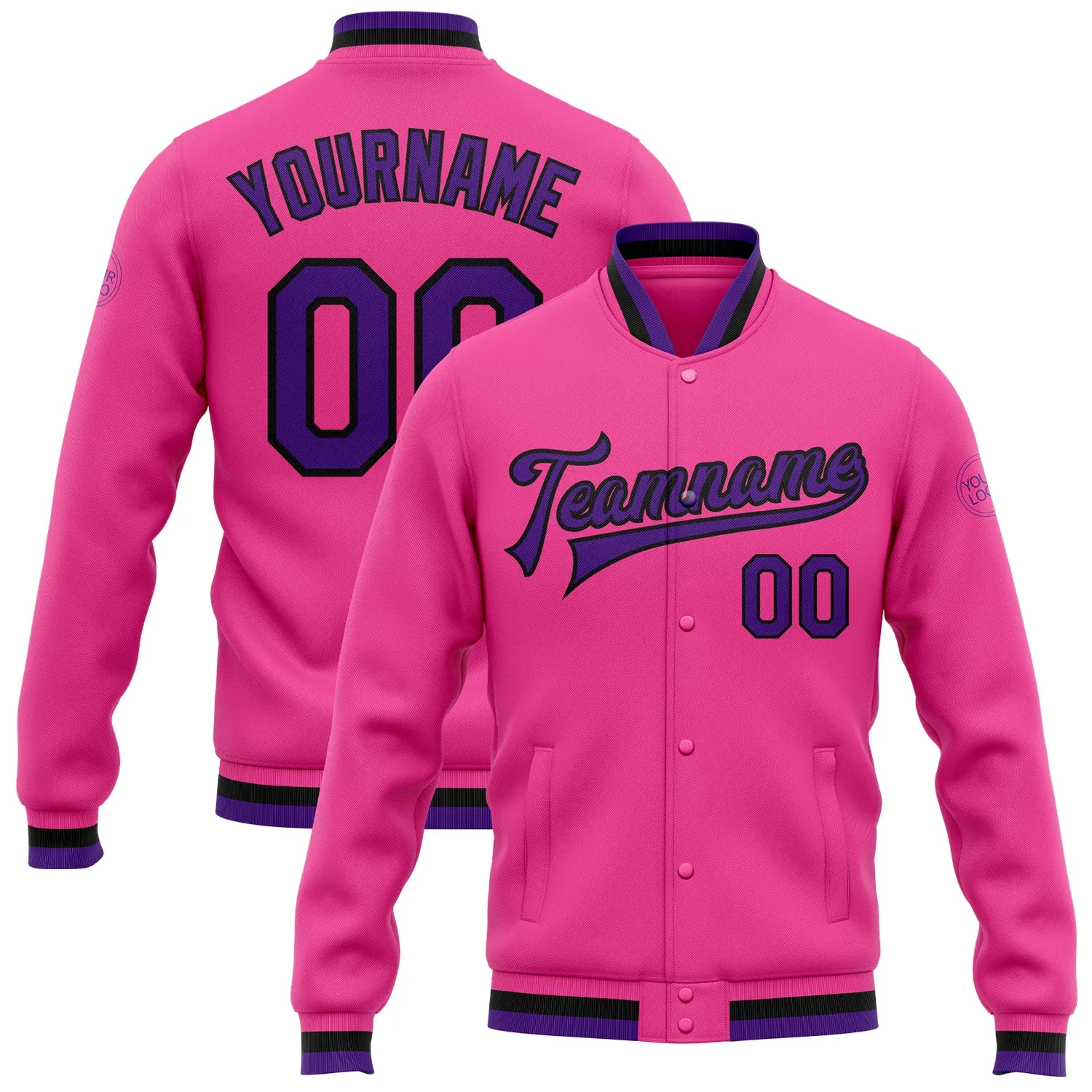 Custom Pink Purple-Black Bomber Full-Snap Varsity Letterman Jacket