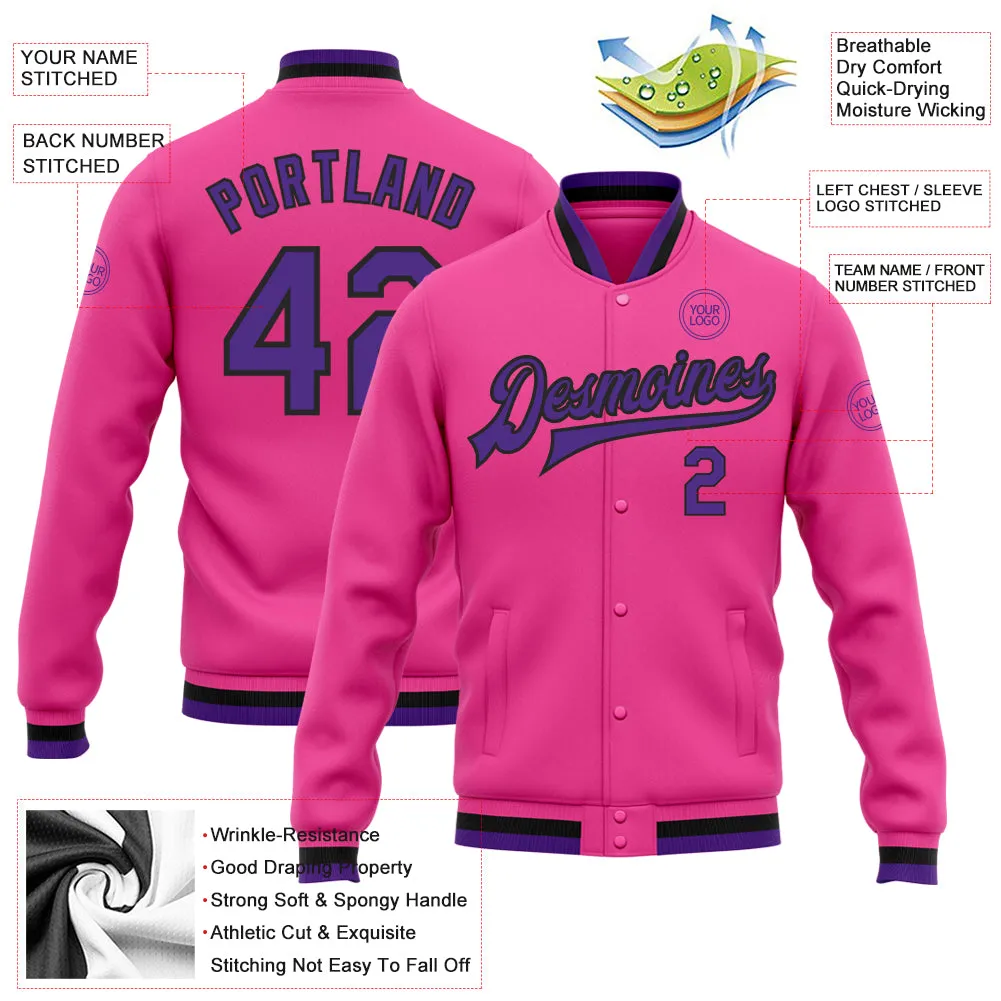 Custom Pink Purple-Black Bomber Full-Snap Varsity Letterman Jacket