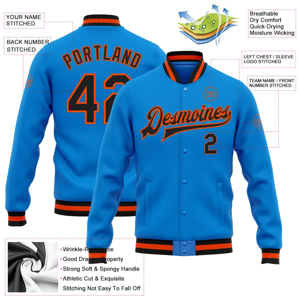 Custom Powder Blue Black-Orange Bomber Full-Snap Varsity Letterman Jacket