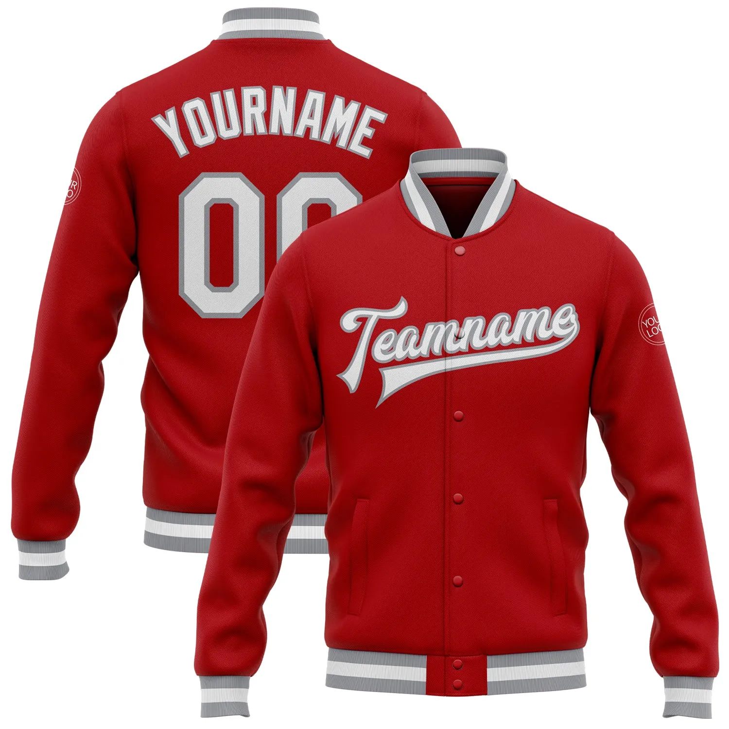 Custom Red White-Gray Bomber Full-Snap Varsity Letterman Jacket