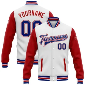 Custom White Royal-Red Bomber Full-Snap Varsity Letterman Two Tone Jacket