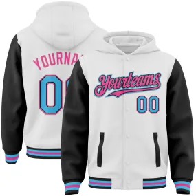 Custom White Sky Blue Black-Pink Bomber Full-Snap Varsity Letterman Two Tone Hoodie Jacket