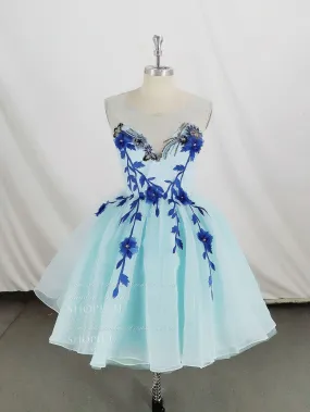 Cute Round Neck Tulle Lace Short Prom Dress Blue Homecoming Dress