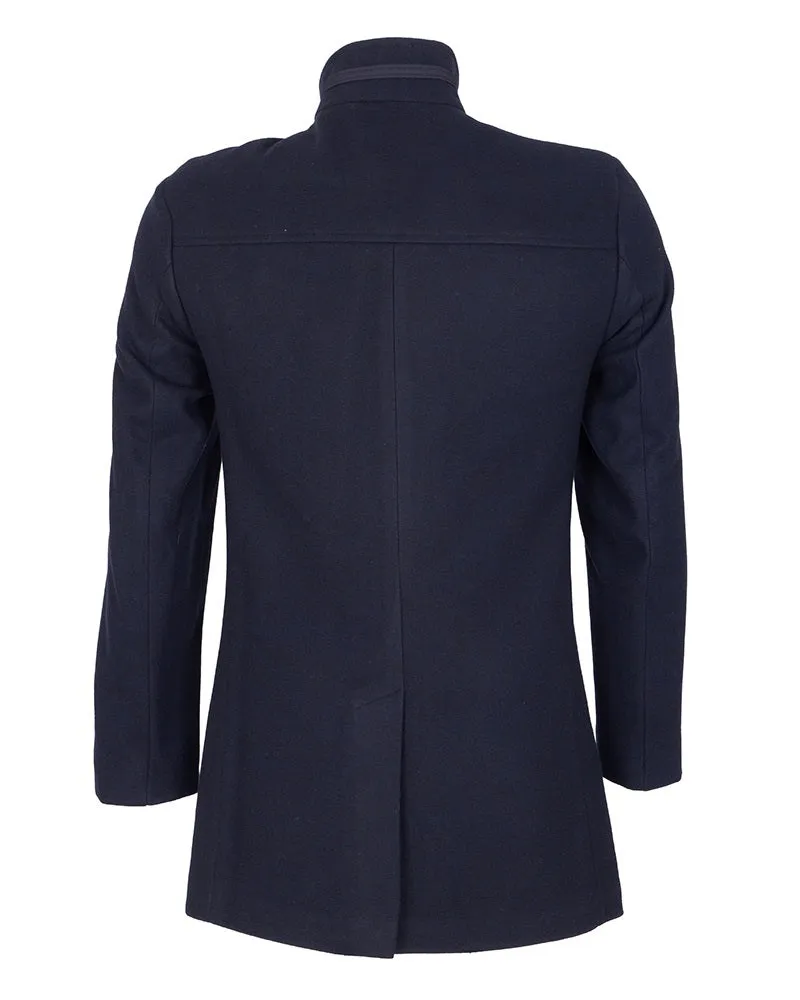 Dark Blue Funnel Neck Wool Blend Warm Overcoat