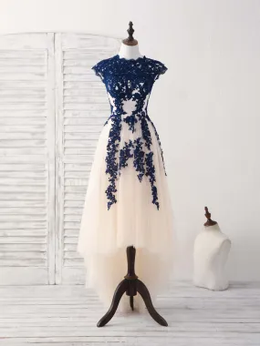 Dark Blue Lace Tulle High Low Prom Dress Blue Bridesmaid Dress