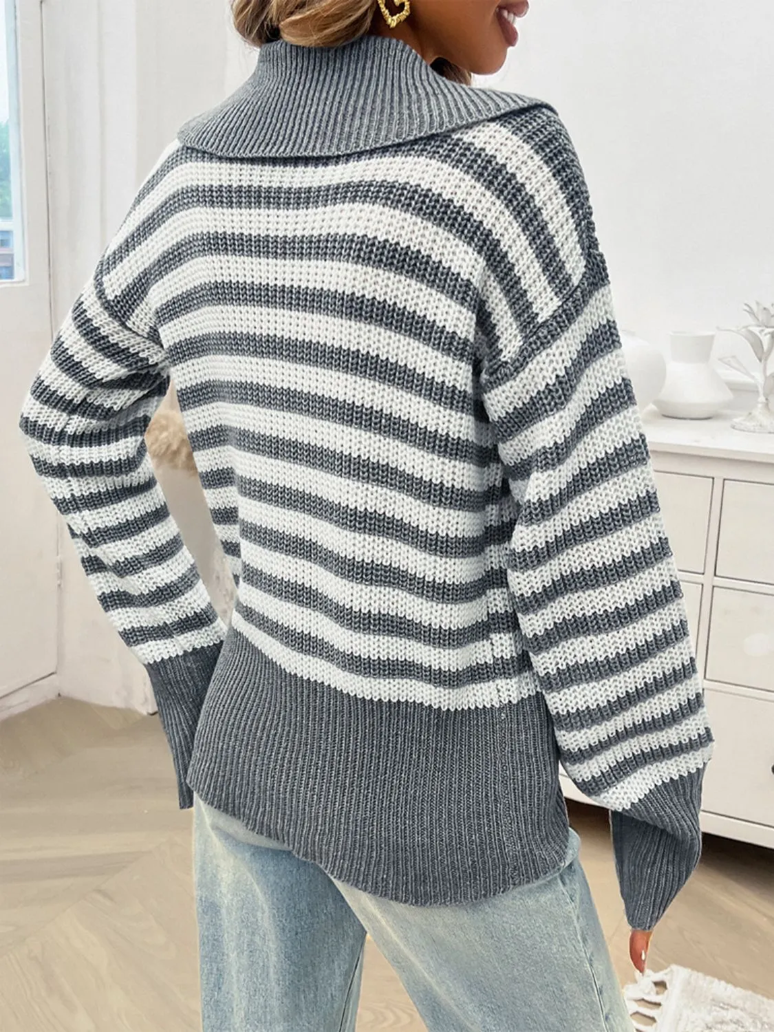 Devine Striped Collared Neck Long Sleeve Sweater