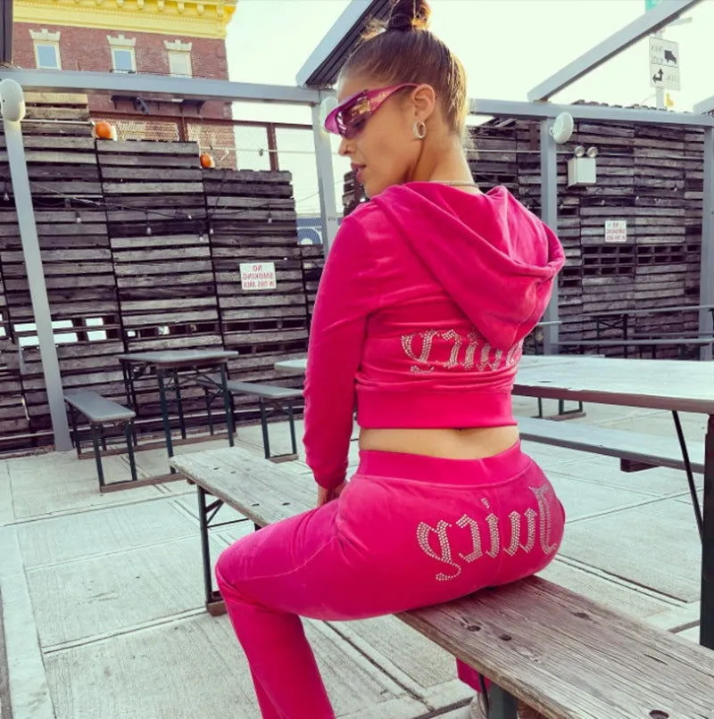 Diamond Juicy Print Velvet Crop Hoodie and Pants Tracksuits