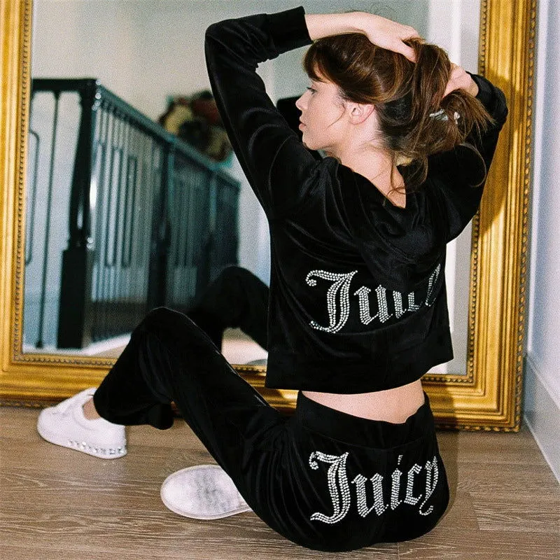 Diamond Juicy Print Velvet Crop Hoodie and Pants Tracksuits