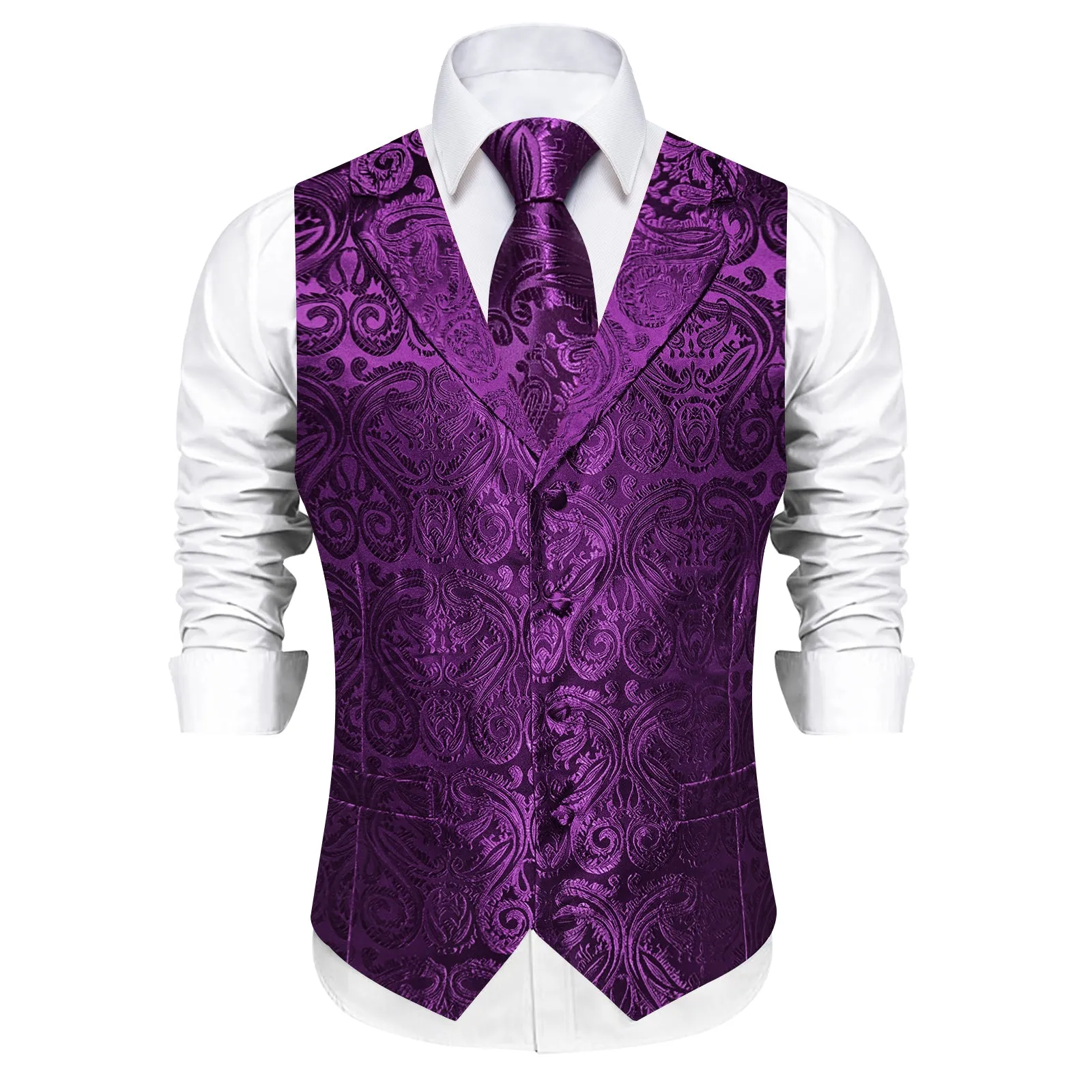 DiBanGu Dark Purple Paisley Notched Collar Silk Mens Vest Tie Set