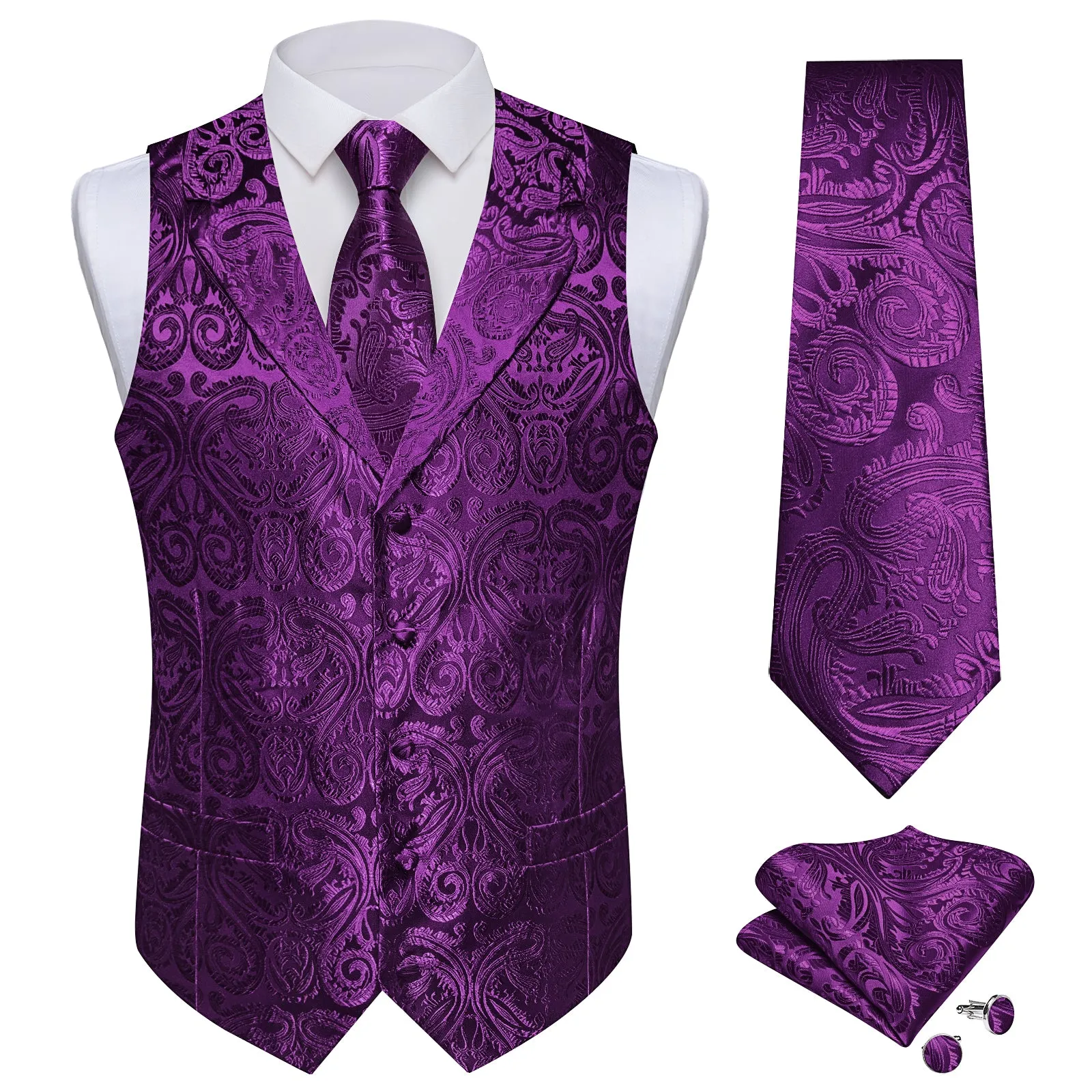 DiBanGu Dark Purple Paisley Notched Collar Silk Mens Vest Tie Set