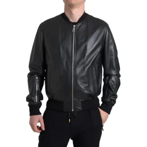 Dolce & Gabbana Elegant Black Leather Bomber Jacket