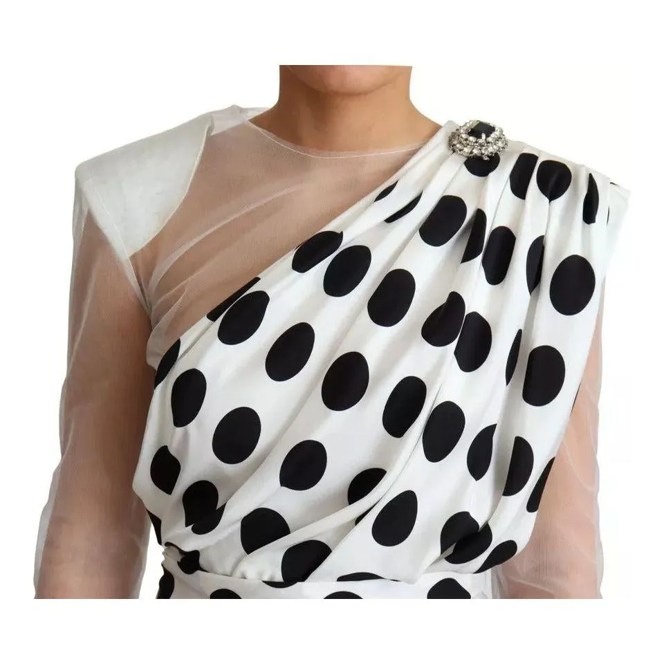 Dolce & Gabbana White Polka Dots Crystal One Shoulder Dress