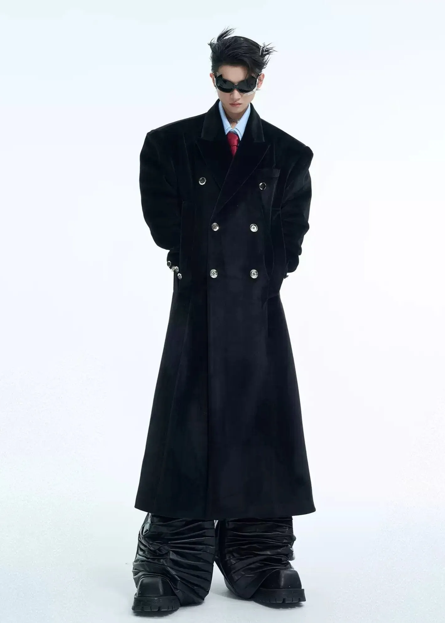 Double Breasted Velvet Textured Overcoat